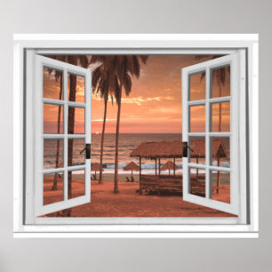 Sunset Coast Beach Ocean Fake Window View Poster