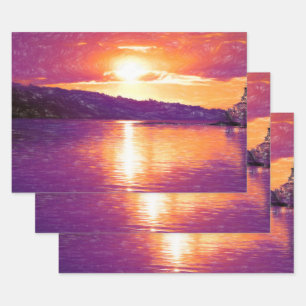 Sunset Coastal Beach Orange Purple Decoupage Wrapping Paper Sheet