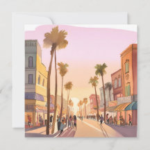 Sunset Coastal Town | Palm Tree Coastal Watercolor