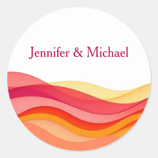 Sunset Color Waves Personalized Wedding Classic Round Sticker (Front)