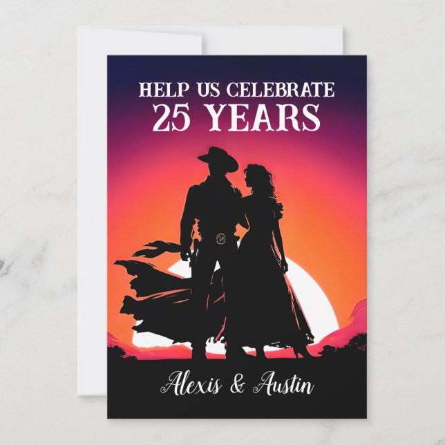 Sunset Cowboy and Cowgirl 25th Anniversary  Invitation (Front)
