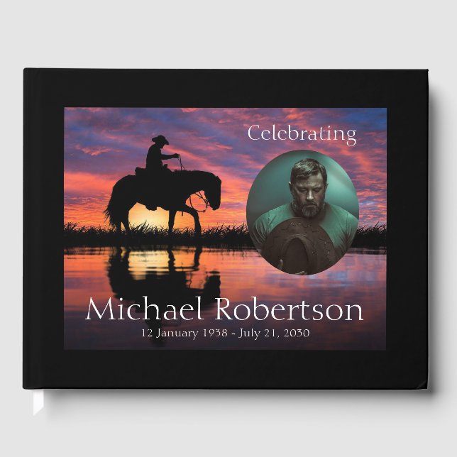 Sunset Cowboy on Horse Celebration of Life Guest Book (Front)