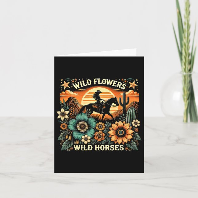 Sunset Cowgirl Riding Horse Wild Flowers - Wild Ho Card (Front)