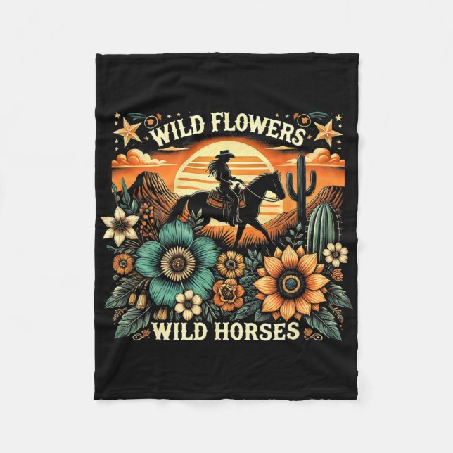 Sunset Cowgirl Riding Horse Wild Flowers - Wild Ho Fleece Blanket (Front)