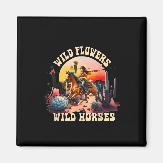 Sunset Cowgirl Riding Horse Wild Flowers - Wild Ho Magnet (Front)