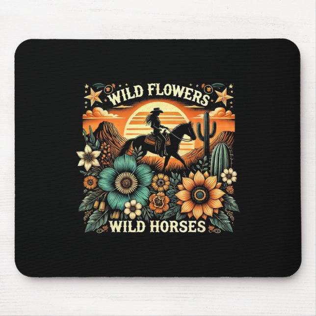 Sunset Cowgirl Riding Horse Wild Flowers - Wild Ho Mouse Mat (Front)