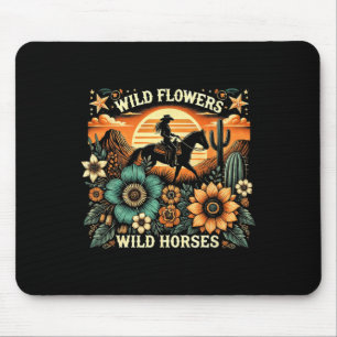 Sunset Cowgirl Riding Horse Wild Flowers - Wild Ho Mouse Mat
