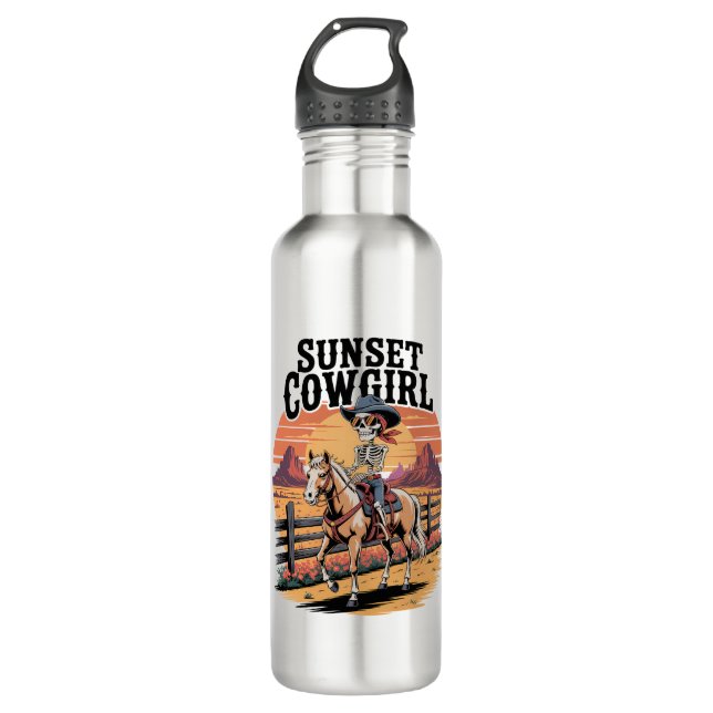 Sunset Cowgirl Skeleton Riding Horse 710 Ml Water Bottle (Front)