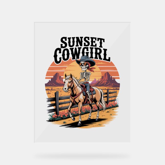 Sunset Cowgirl Skeleton Riding Horse Acrylic Sign (Front)