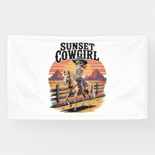 Sunset Cowgirl Skeleton Riding Horse Banner