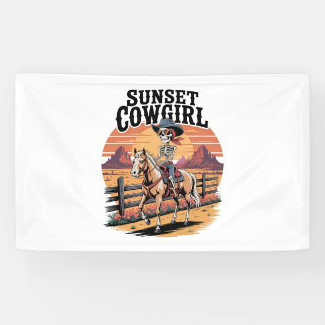 Sunset Cowgirl Skeleton Riding Horse Banner (Horizontal)