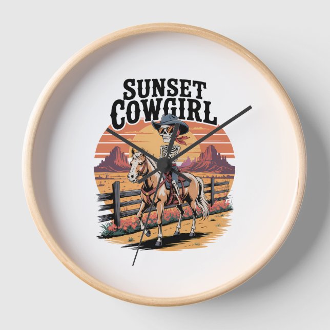 Sunset Cowgirl Skeleton Riding Horse Clock (Front)