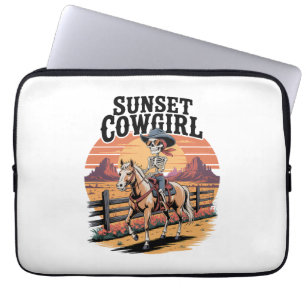 Sunset Cowgirl Skeleton Riding Horse Laptop Sleeve