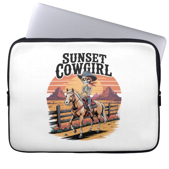 Sunset Cowgirl Skeleton Riding Horse Laptop Sleeve (Front)