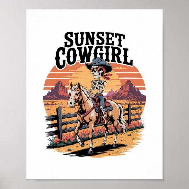 Sunset Cowgirl Skeleton Riding Horse Poster (Front)