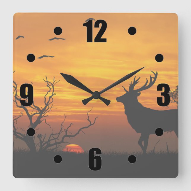 Sunset Deer Silhouette Square Wall Clock (Front)