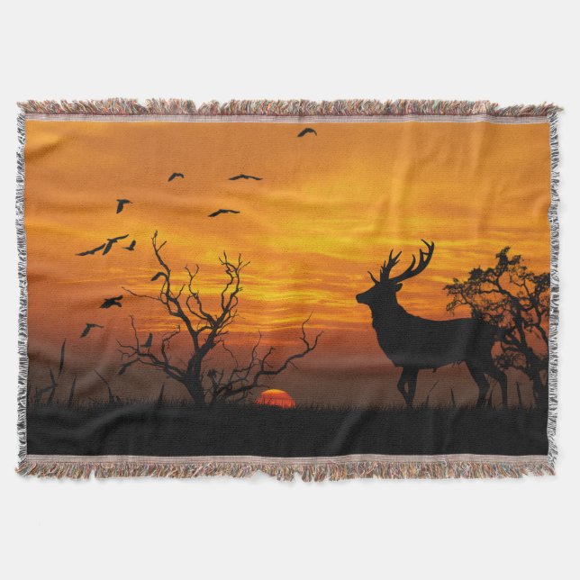 Sunset Deer Silhouette Throw Blanket (Front)