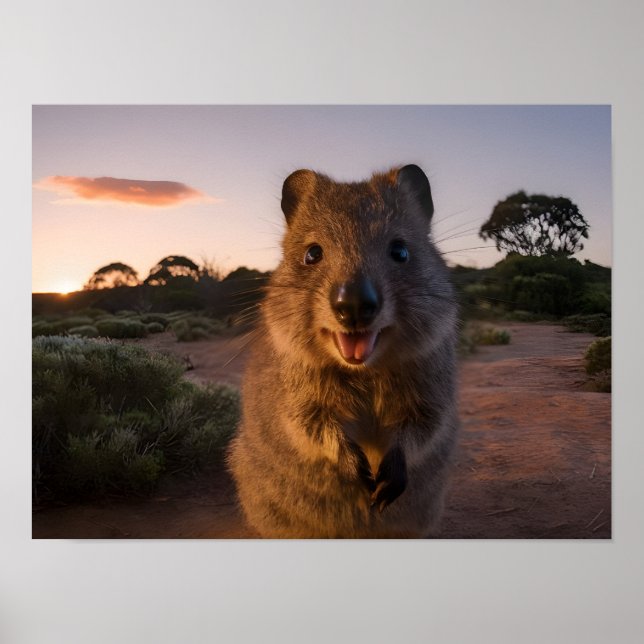 Sunset Delight: Charming Quokka Smiles at Camera Poster (Front)