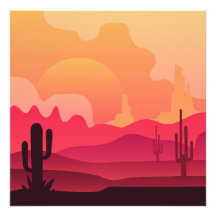 Sunset Desert Cactus Silhouette Art