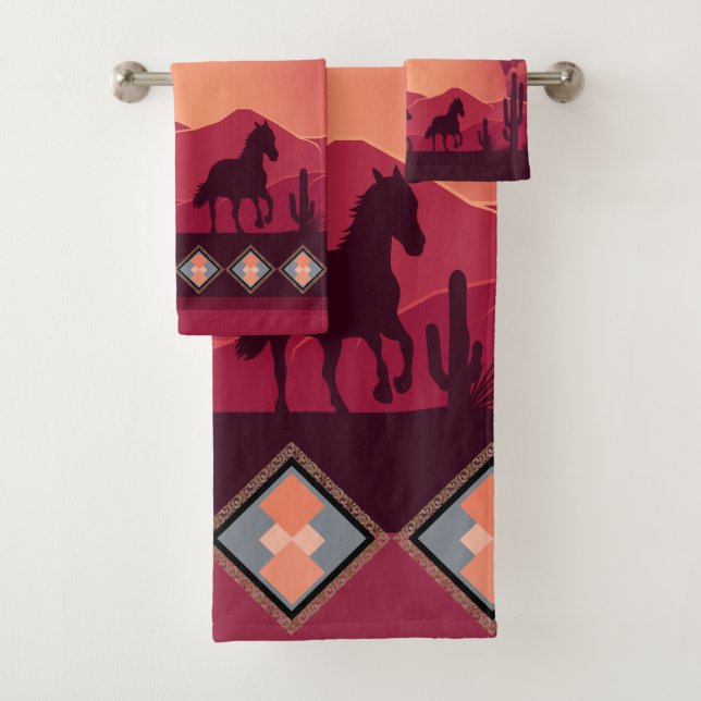 Sunset Desert Wild Running Horses  Bath Towel Set (Insitu)