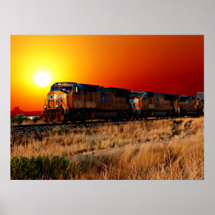 Sunset Diesel Locomotive Train 32"x24"  Poster