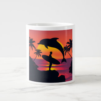 Sunset Dolphin and Surfer Tropical Beach Coffee Mu Large Coffee Mug