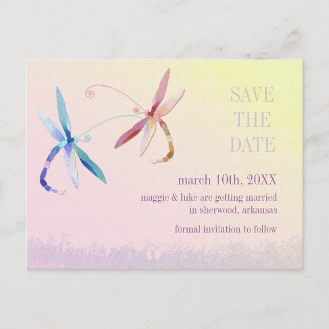 Sunset Dragonfly Couple Wedding Save the Date Announcement Postcard (Front)