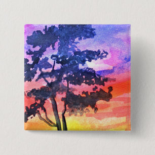 Sunset Dreaming landscape watercolor art 15 Cm Square Badge