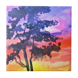 Sunset Dreaming landscape watercolor art Tile