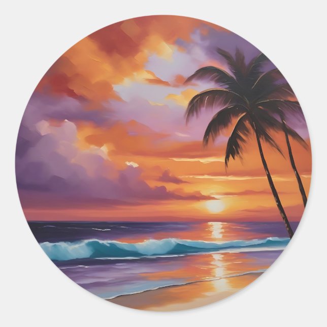 Sunset Dreams Tropical Beach Classic Round Sticker (Front)
