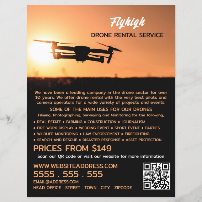 Sunset Drone Silhouette, Drone Rental Company Flyer (Front)