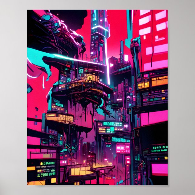 Sunset Dystopian City - Neon Ink Illustration Poster (Front)