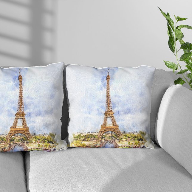 Sunset Eiffel Tower Paris French Watercolor Cushion (Sunset Eiffel Tower Paris French Watercolor. Throw Pillow)
