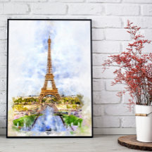 Sunset Eiffel Tower Paris French Watercolor