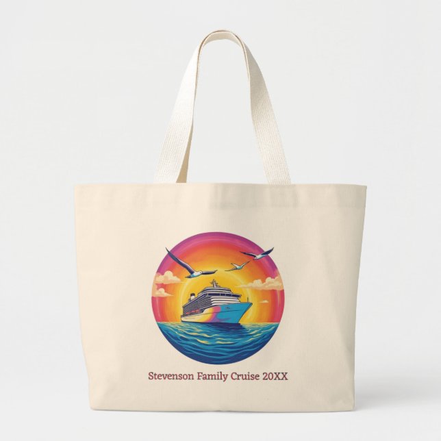 Sunset Family Name Vacation Cruise Ship Keepsake Large Tote Bag (Front)