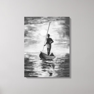 Sunset Fisherman Canvas Print Black White Painting