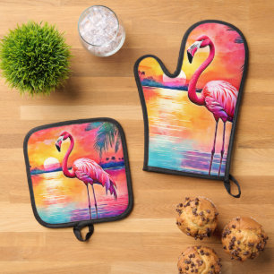 Sunset Flamingo Art Design Oven Mitt & Pot Holder Set