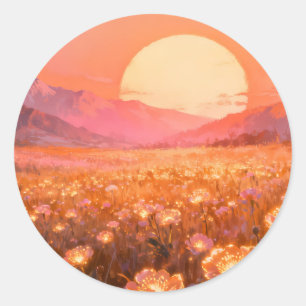 Sunset Flower Field Round Sticker