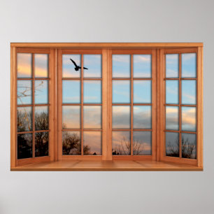 Sunset Flying Bird Fake Window Illusion Poster