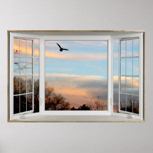 Sunset Flying Bird Fake Window Illusion Poster