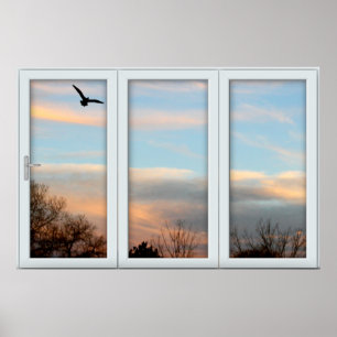 Sunset Flying Bird White 3 Pane Window Illusion Poster