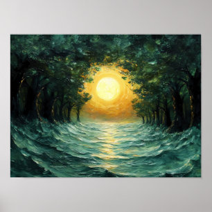 Sunset Forest Reflection – Abstract Golden Sun Poster