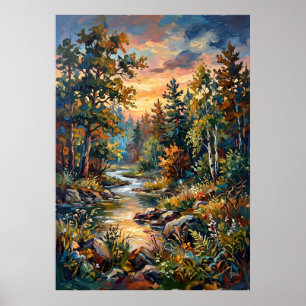 Sunset Forest Stream Landscape Poster