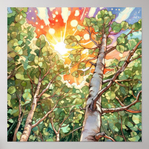 Sunset Forest Watercolor Painting Poster
