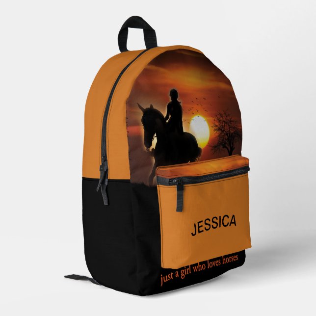 Sunset Girl Who Love Horses Personalised Name Printed Backpack (Back Corner Left)