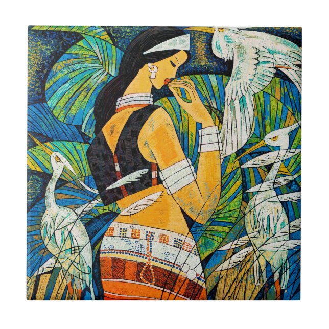 Sunset Glow Hao Ping oriental abstract lady birds Tile (Front)