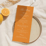 Sunset Glow Orange Script Wedding Menu Card<br><div class="desc">Sunset Glow wedding menu card for an aesthetic summer wedding, a refined and elevated detail perfect for couples planning a romantic sunset reception with a timeless retro-modern aesthetic. Featuring a rich orange tone inspired by Apricot Crush and a Warm Sunset Palette, this Summer Sunset Wedding menu showcases elegant script typography...</div>