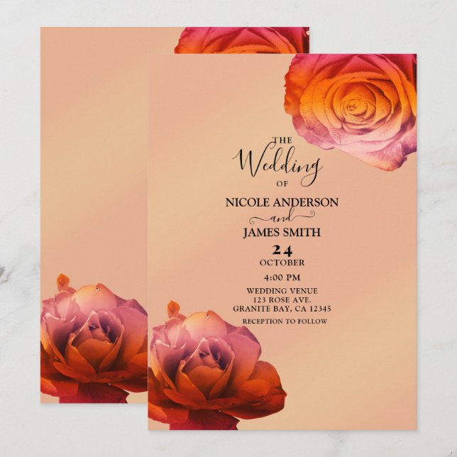 Sunset Glow Pink & Orange Roses Floral Wedding Invitation (Front/Back)