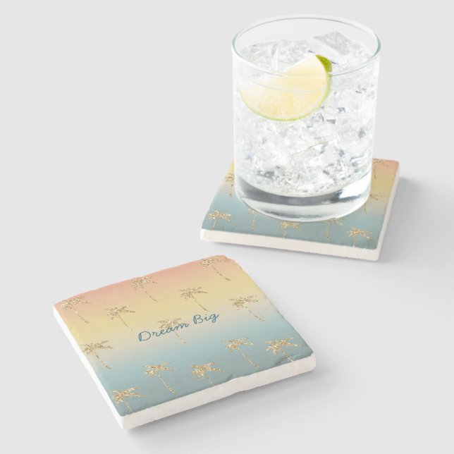 Sunset Gold Glitter Palm Trees Stone Coaster (Side)