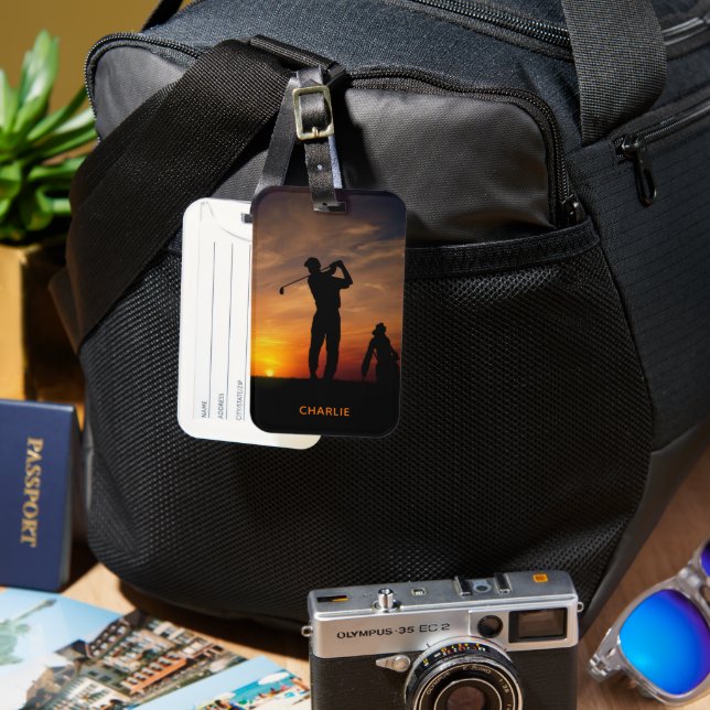 Sunset Golfer custom name Luggage Tag (Front & Back)